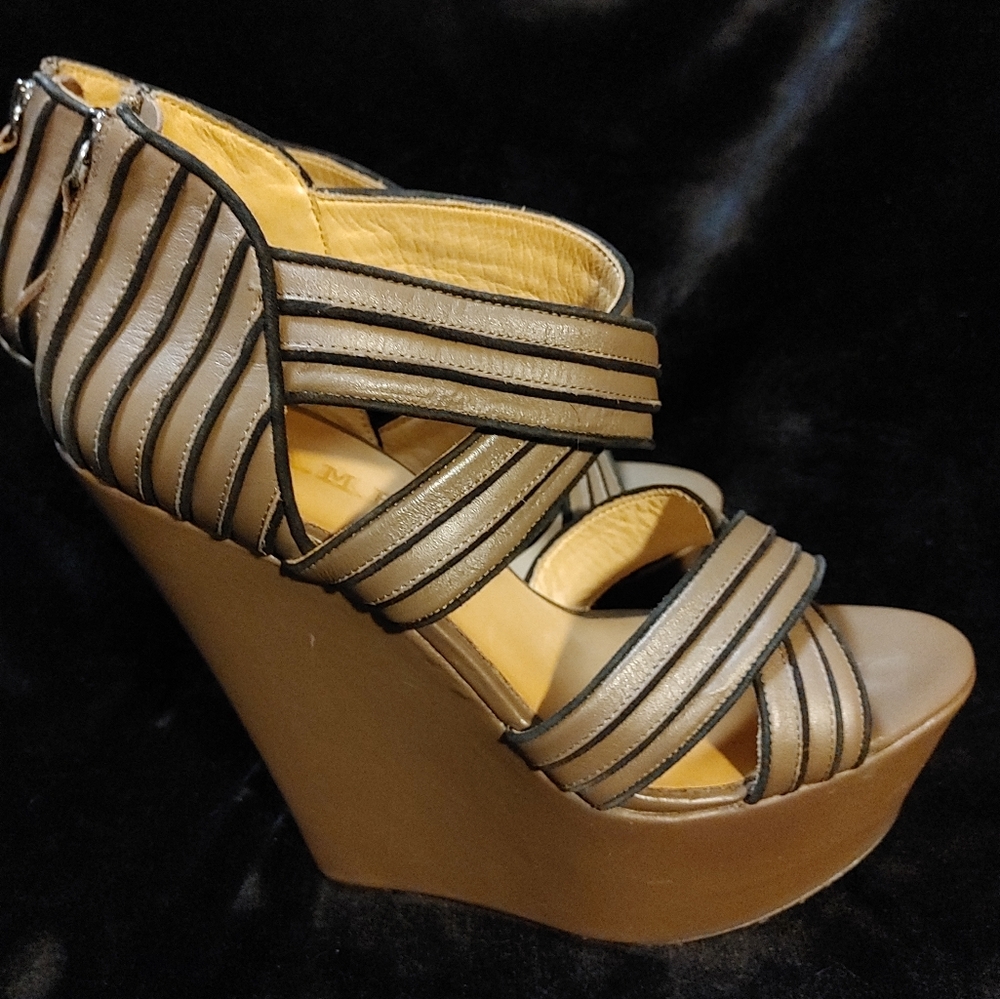 L.A.M.B. Tan Wedges with Stylish Straps